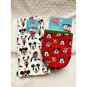 Disney Mickey & Friends Holiday (2)Kitchen Towels & (2)Oversized Mini Mitts-NEW